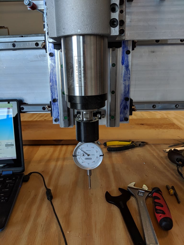 Dial indicator clamp for CNC router spindle