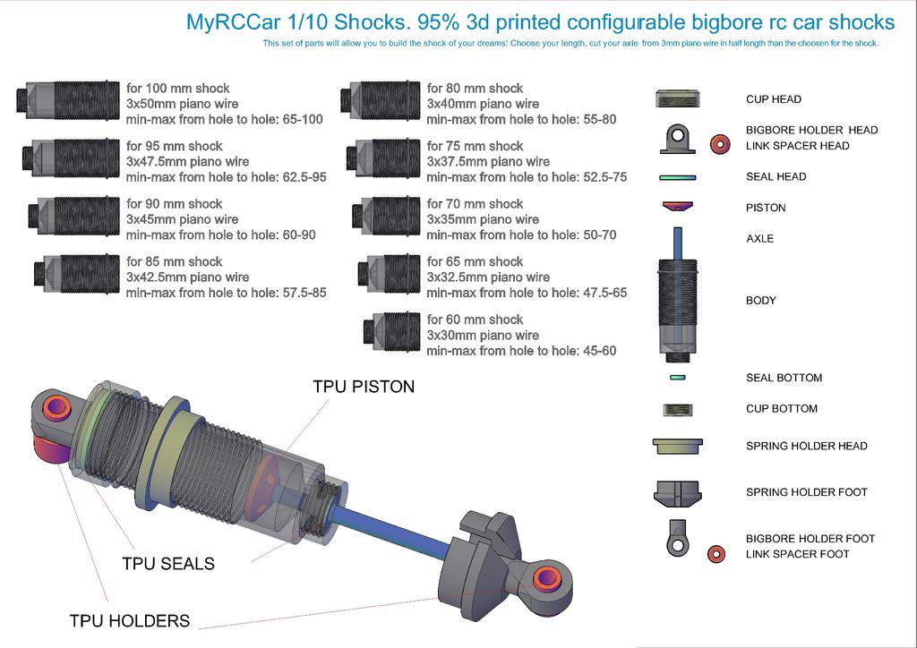 MyRCCar 1/10 Shocks: 95% 3D Printed Configurable Bigbore RC Car Shocks